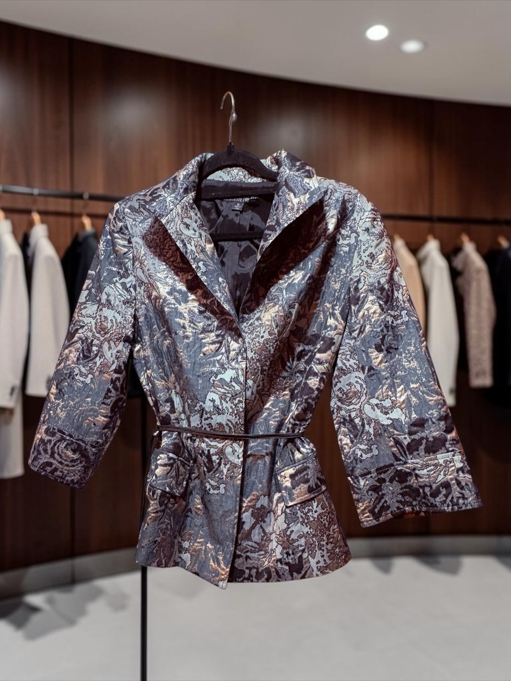 Lafayette 148 New York Metallic Floral Brocade Blazer in Silver and Charcoal